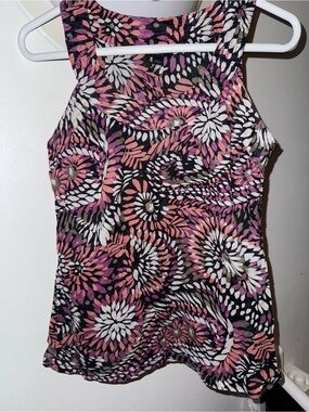 Banana Republic Black Tank Top with Pink, White & Purple Floral Swirls